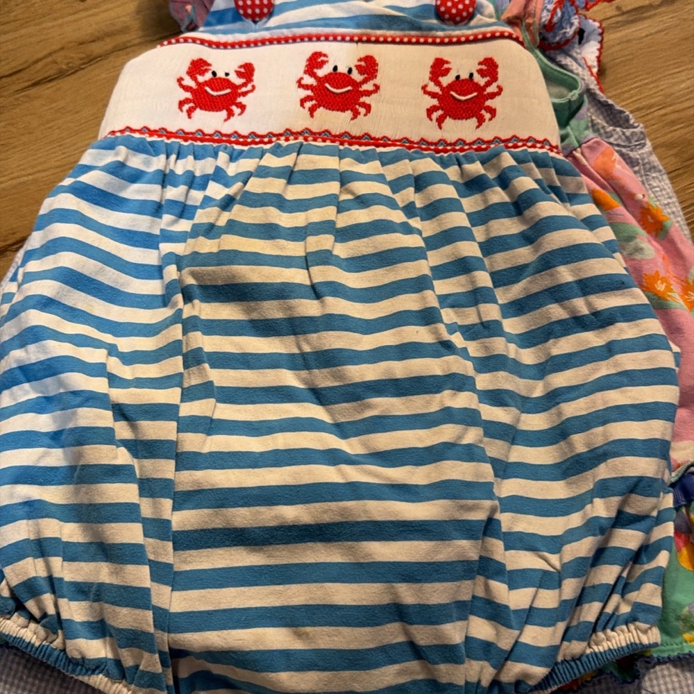 Girls Blue & White Striped Crab Smocked Romper